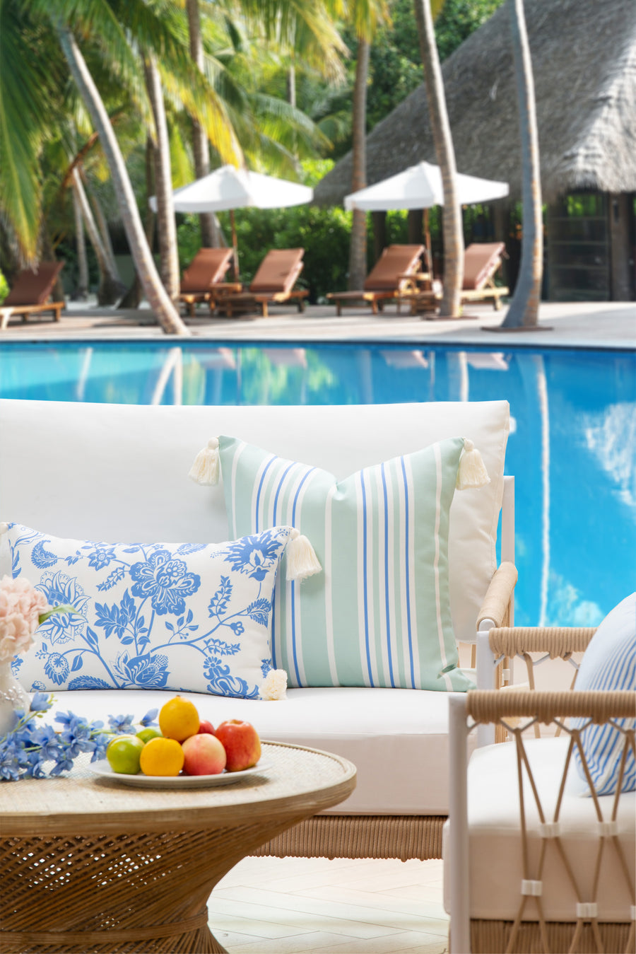 Coastal Indoor Outdoor Pillow Cover, Stripe Tassel, Muted Aqua Cornflower Blue, 18