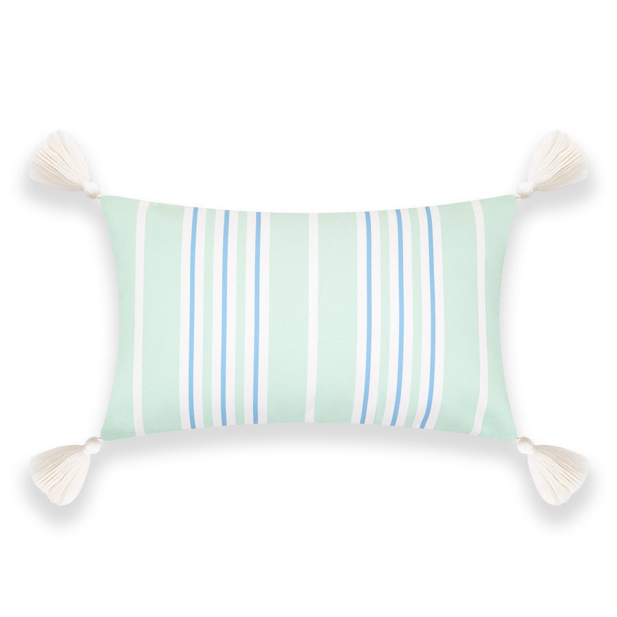 Coastal Indoor Outdoor Lumbar Pillow Cover, Stripe Tassel, Muted Aqua Cornflower Blue, 12