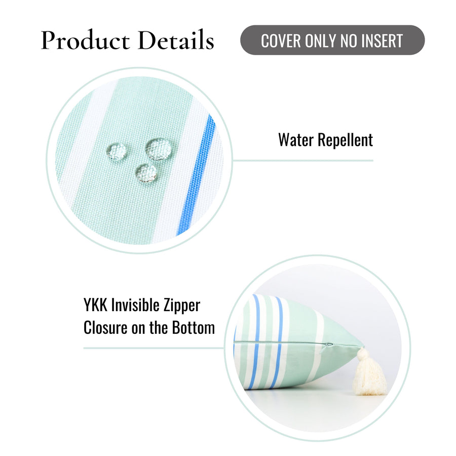 Coastal Indoor Outdoor Lumbar Pillow Cover, Stripe Tassel, Muted Aqua Cornflower Blue, 12