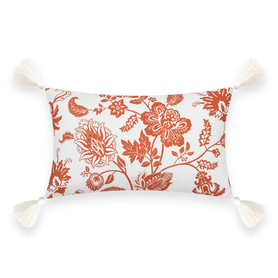 Fall Coastal Indoor Outdoor Lumbar Pillow Cover, Floral Tassel, Rust Orange, 12