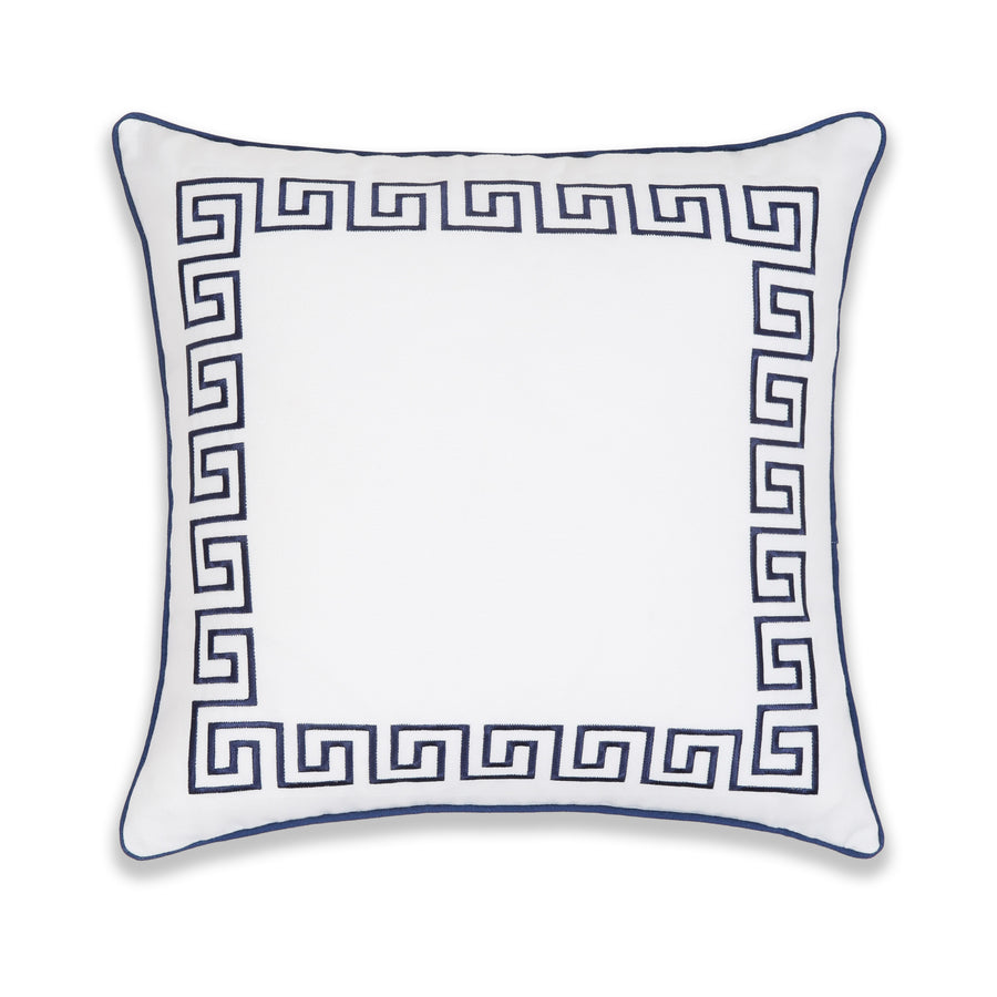 Coastal Indoor Outdoor Throw Pillow Cover, Embroidered Greek Key with Piping, Navy Blue, 20