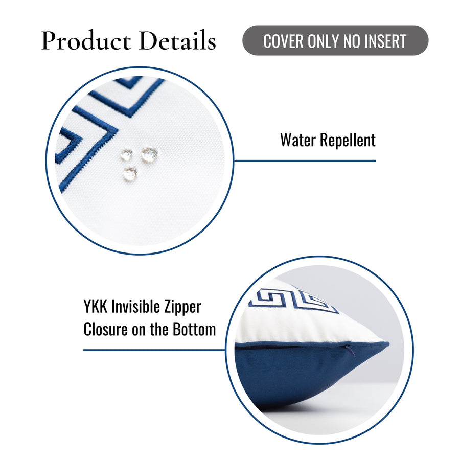 Coastal Indoor Outdoor Throw Pillow Cover, Embroidered Greek Key with Piping, Navy Blue, 20