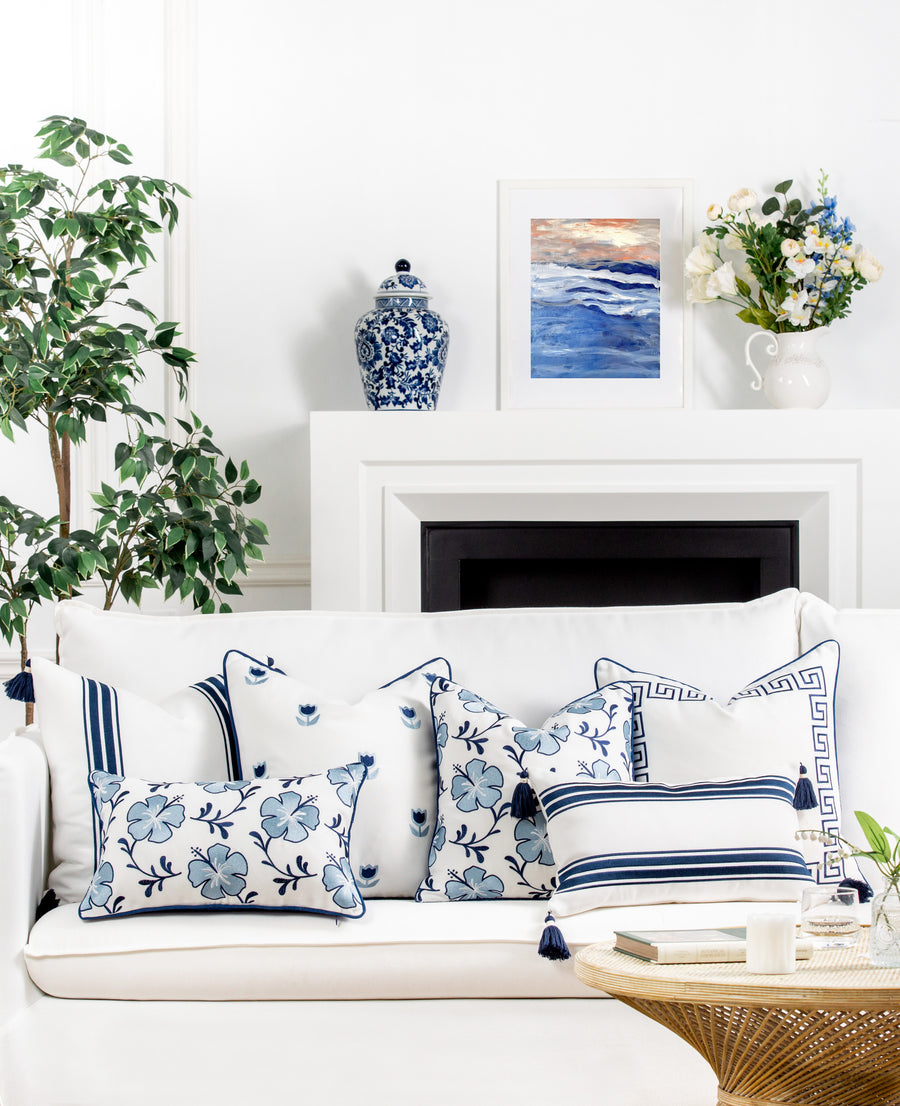 Coastal Indoor Outdoor Throw Pillow Cover, Embroidered Greek Key with Piping, Navy Blue, 20