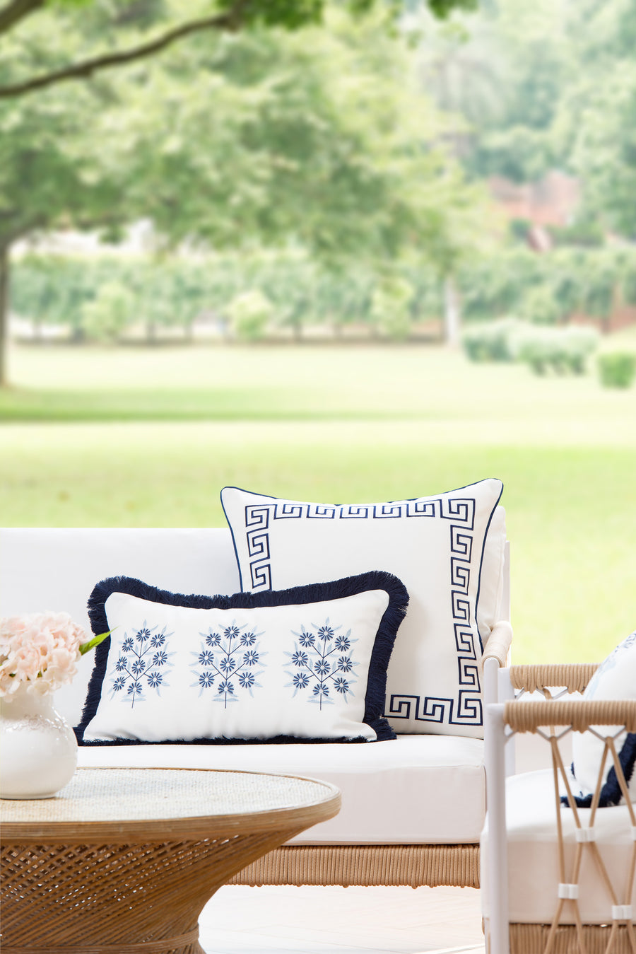 Coastal Indoor Outdoor Throw Pillow Cover, Embroidered Greek Key with Piping, Navy Blue, 20