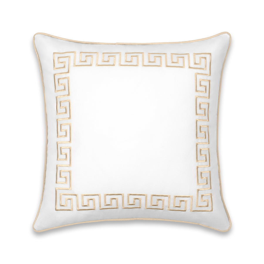 Coastal Indoor Outdoor Throw Pillow Cover, Embroidered Greek Key with Piping, Neutral Tan, 20