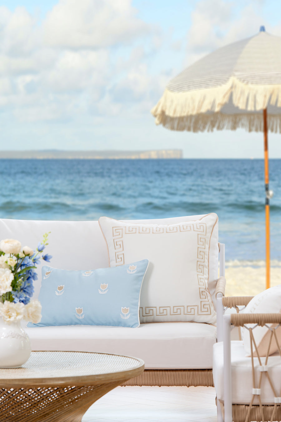 Coastal Indoor Outdoor Throw Pillow Cover, Embroidered Greek Key with Piping, Neutral Tan, 20