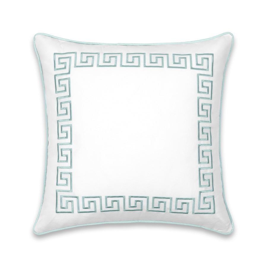 Coastal Indoor Outdoor Throw Pillow Cover, Embroidered Greek Key with Piping, Aqua, 20