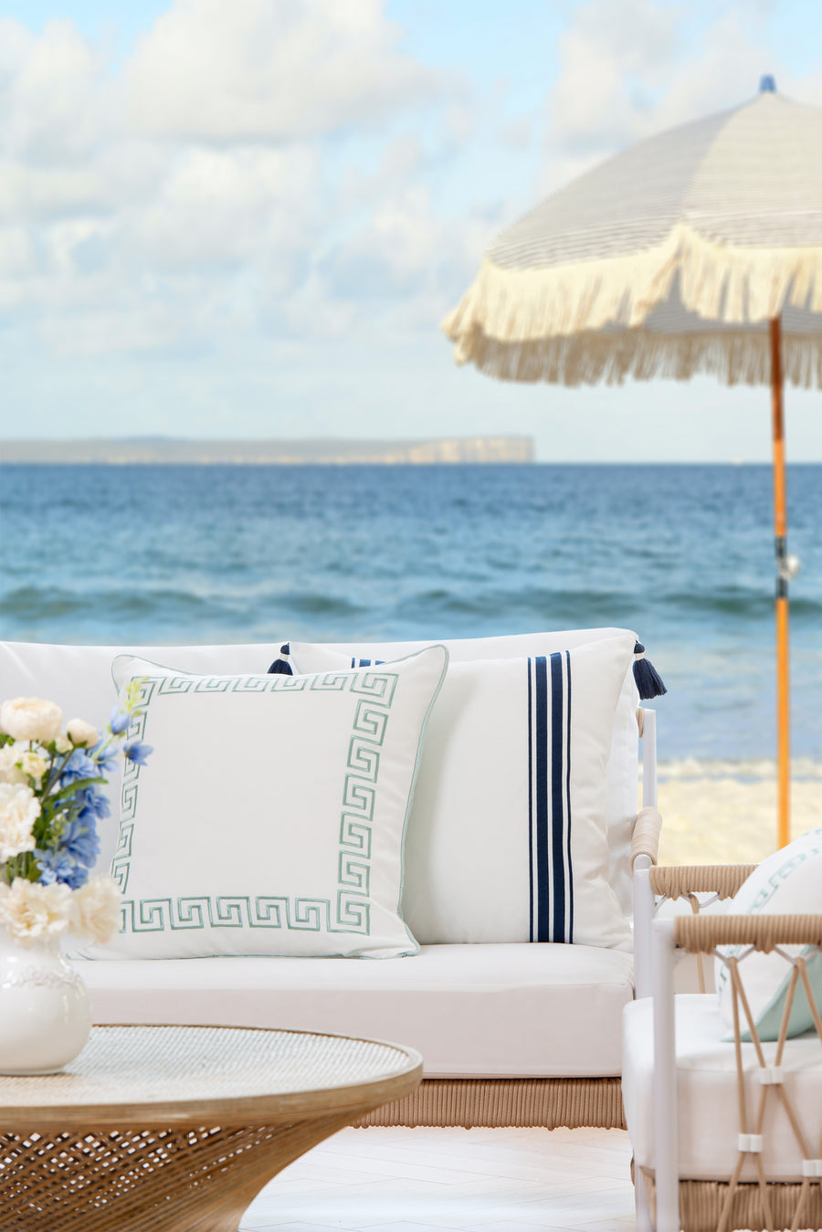 Coastal Indoor Outdoor Throw Pillow Cover, Embroidered Greek Key with Piping, Aqua, 20