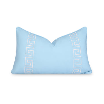 Coastal Indoor Outdoor Lumbar Pillow Cover, Embroidered Greek Key with Piping, Baby Blue, 12
