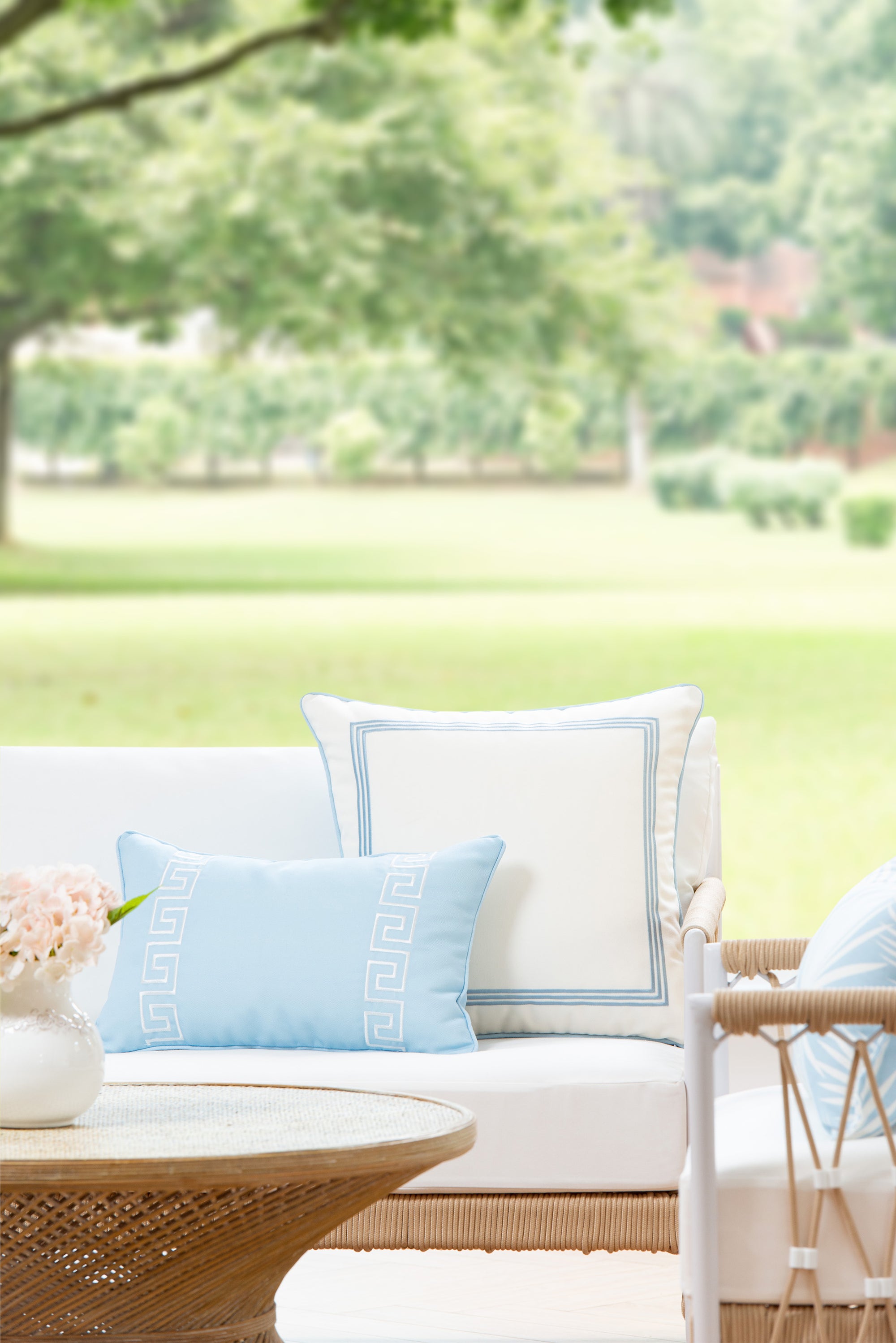 Coastal Indoor Outdoor Lumbar Pillow Cover, Embroidered Greek Key