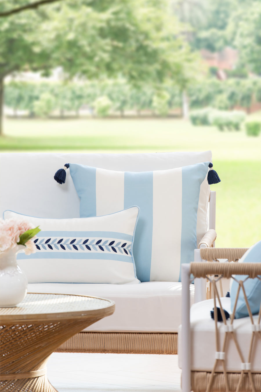 Coastal Indoor Outdoor Throw Pillow Cover, Wide Stripes with Tassels, Baby Blue, 20