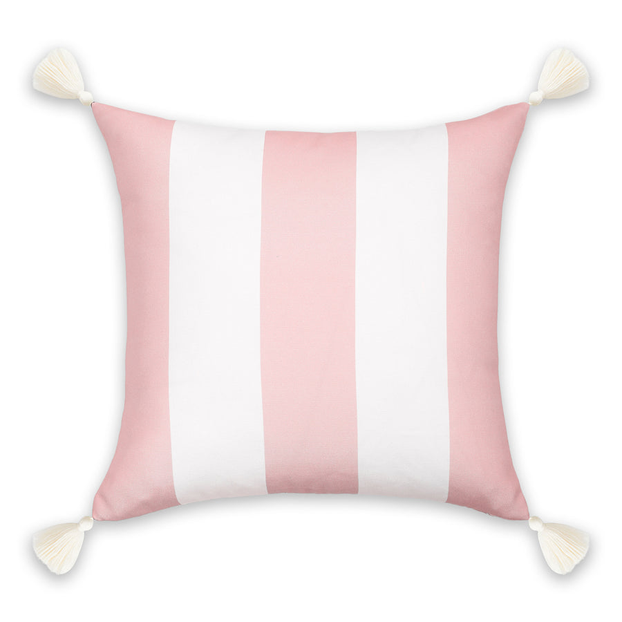 Coastal Indoor Outdoor Throw Pillow Cover, Wide Stripes with Tassels, Blush Pink, 20