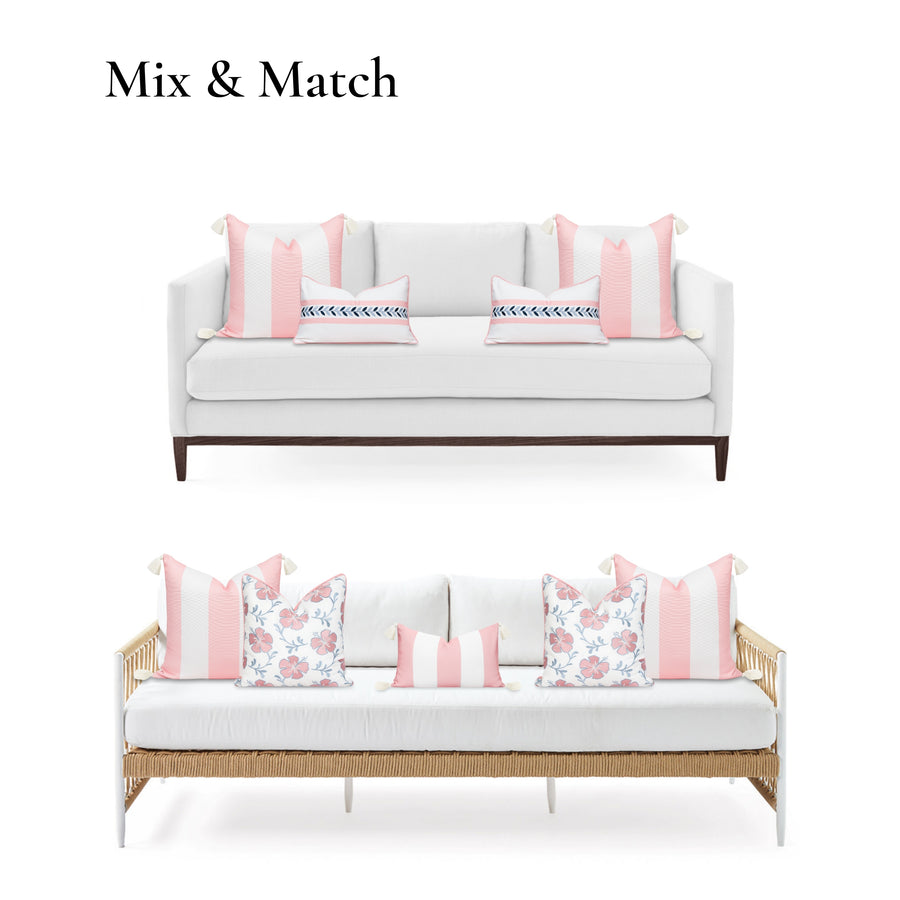 Coastal Indoor Outdoor Throw Pillow Cover, Wide Stripes with Tassels, Blush Pink, 20