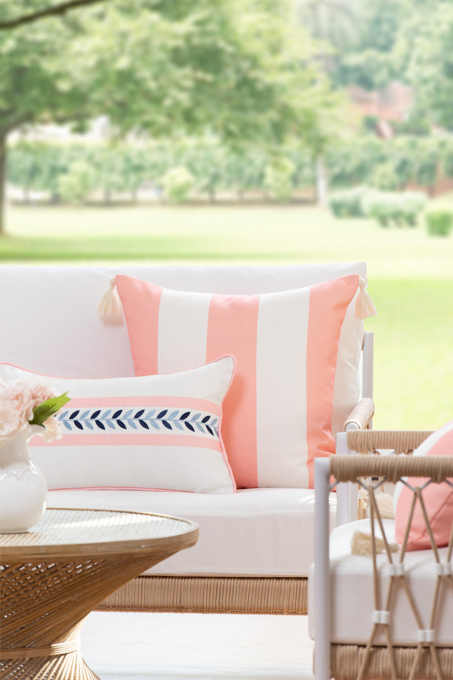 Coastal Indoor Outdoor Throw Pillow Cover, Wide Stripes with Tassels, Blush Pink, 20