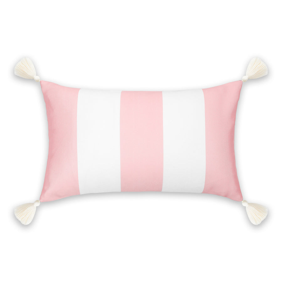 Coastal Indoor Outdoor Lumbar Pillow Cover, Wide Stripes with Tassels, Blush Pink, 12