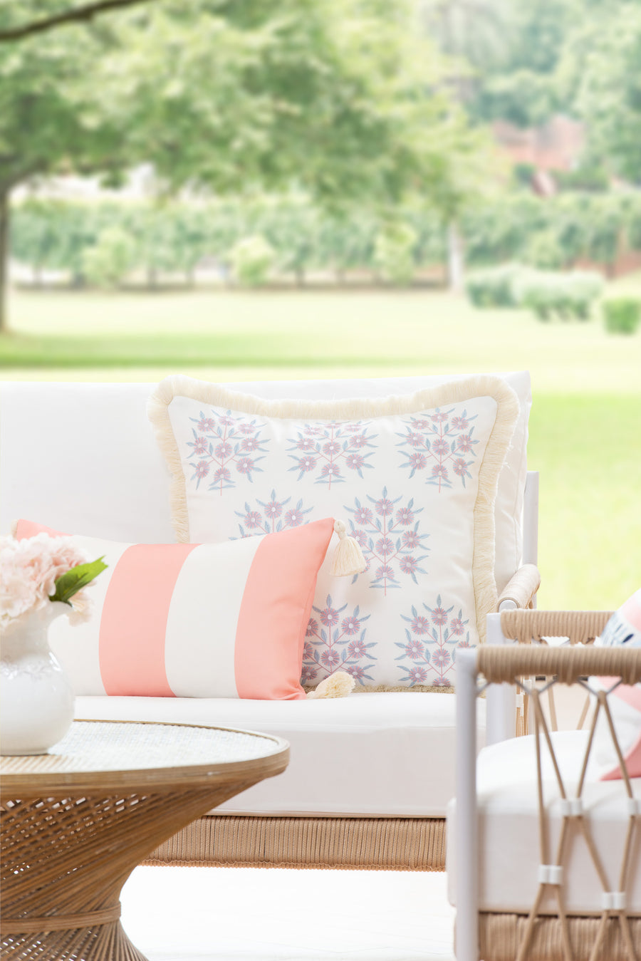 Coastal Indoor Outdoor Lumbar Pillow Cover, Wide Stripes with Tassels, Blush Pink, 12