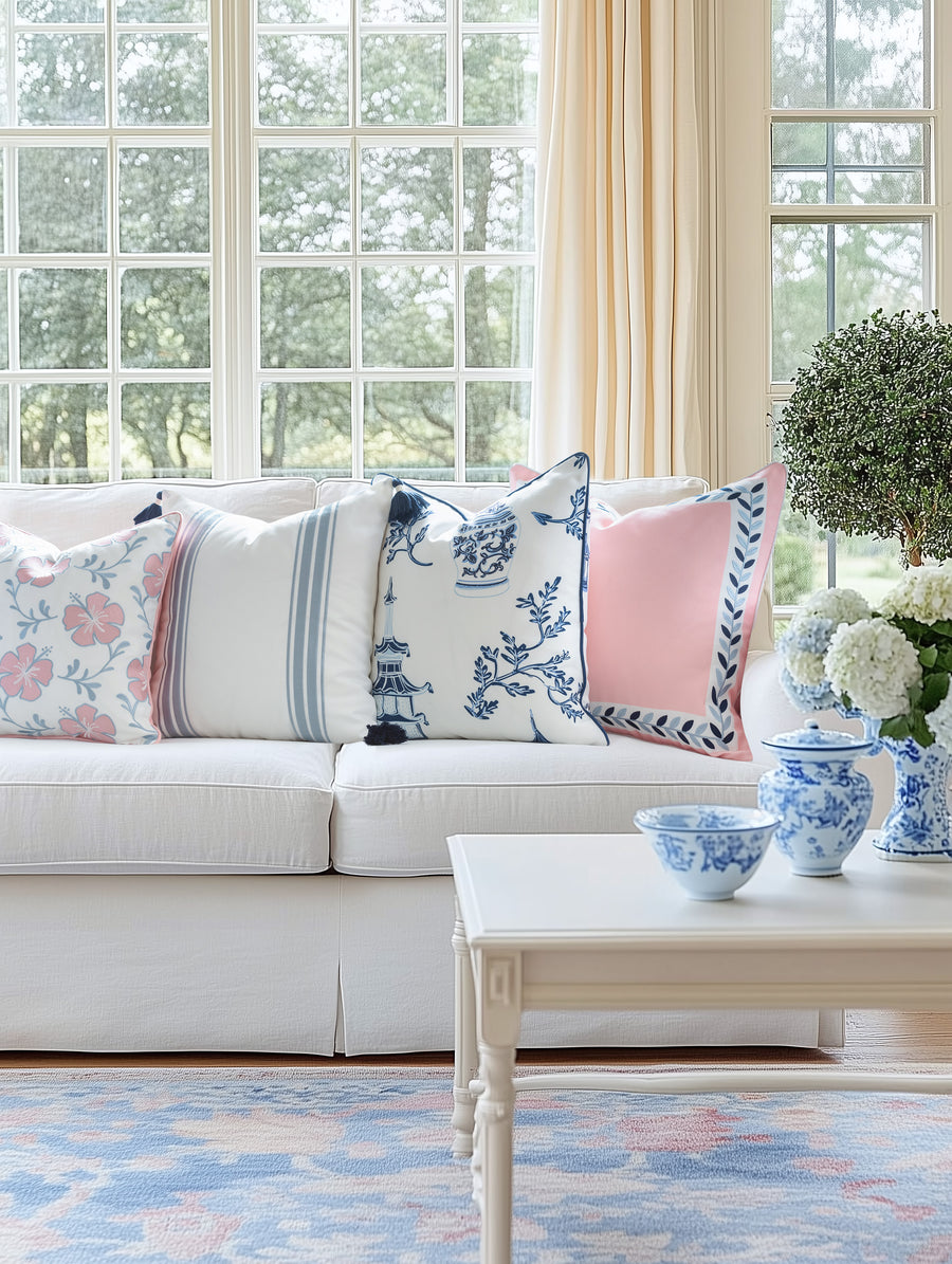 Coastal Indoor Outdoor Throw Pillow Cover, Embroidered Stripes with Tassels, Baby Blue, 20