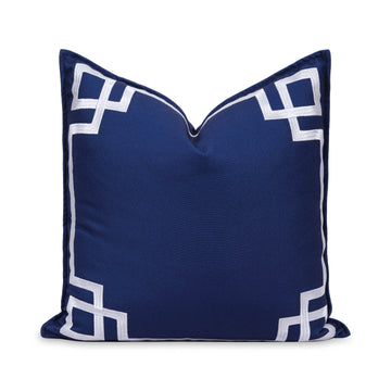 Coastal Indoor Outdoor Throw Pillow Cover, Embroidered Frame Greek Key, Navy Blue, 20