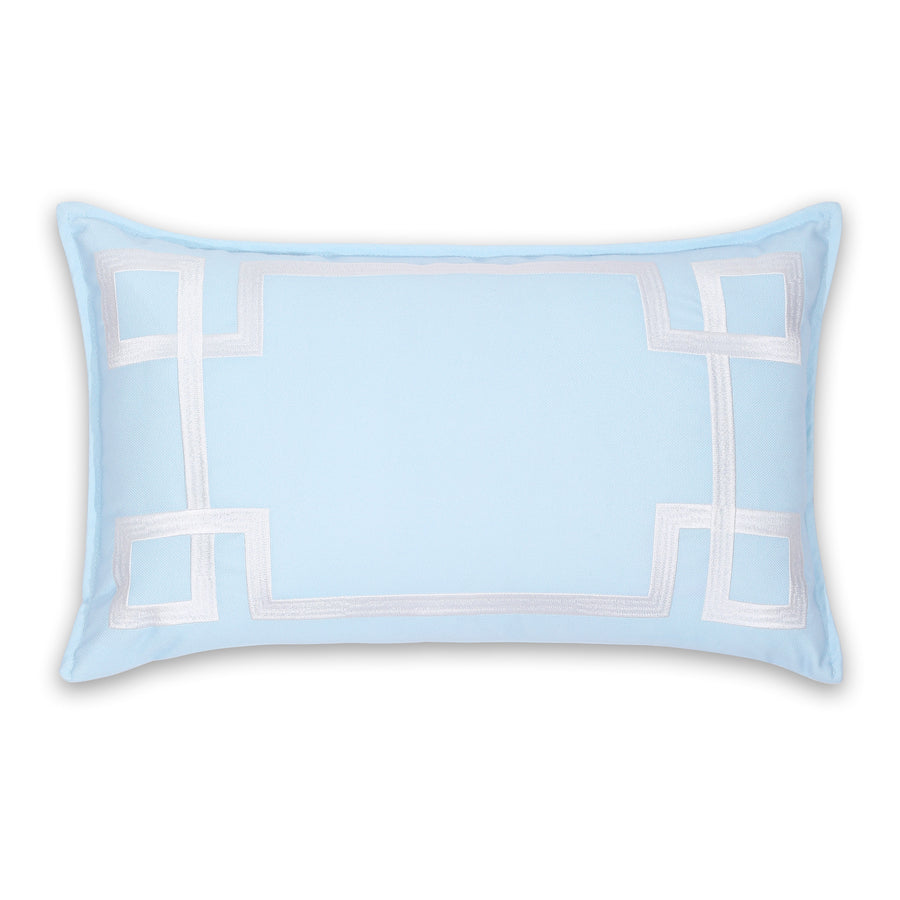 Coastal Indoor Outdoor Lumbar Pillow Cover, Embroidered Frame Greek Key, Baby Blue, 12