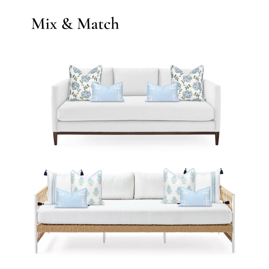 Coastal Indoor Outdoor Lumbar Pillow Cover, Embroidered Frame Greek Key, Baby Blue, 12