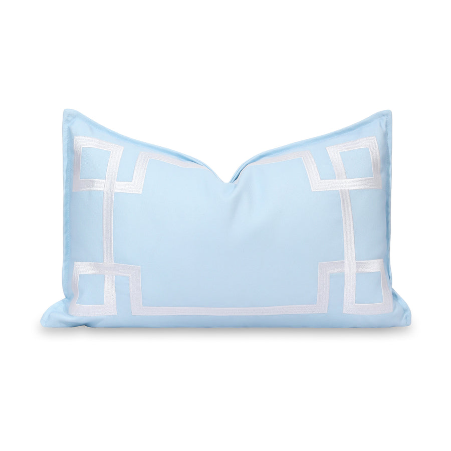 Coastal Indoor Outdoor Lumbar Pillow Cover, Embroidered Frame Greek Key, Baby Blue, 12