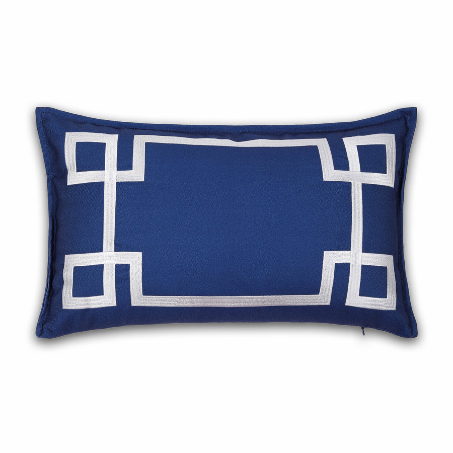 Coastal Indoor Outdoor Lumbar Pillow Cover, Embroidered Frame Greek Key, Navy Blue, 12