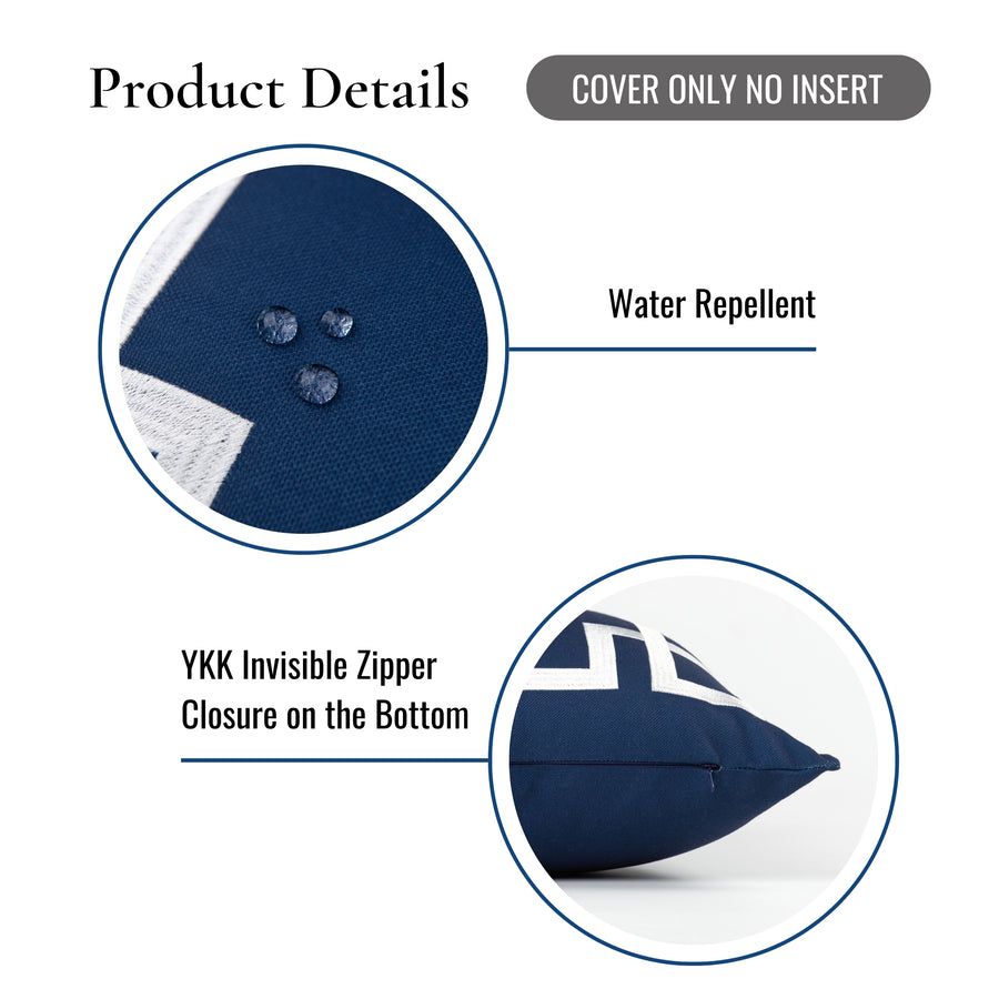Coastal Indoor Outdoor Lumbar Pillow Cover, Embroidered Frame Greek Key, Navy Blue, 12