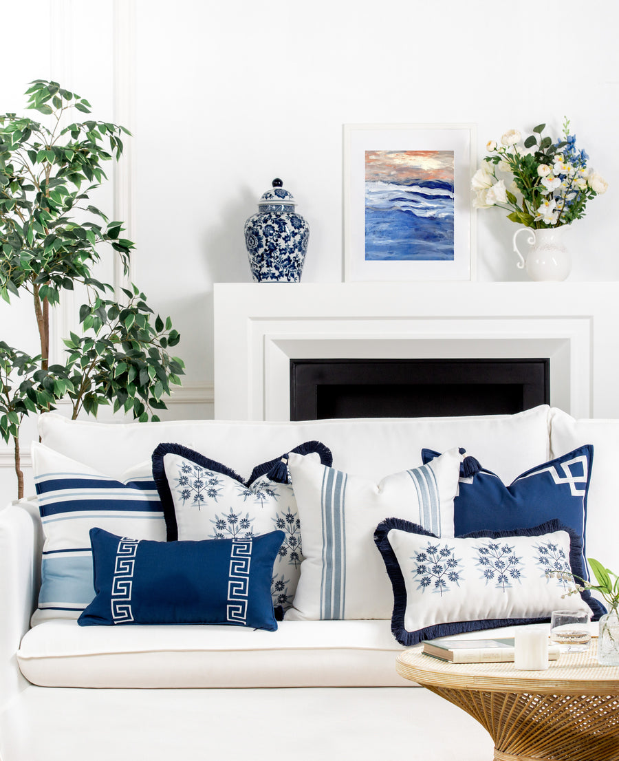 Coastal Indoor Outdoor Lumbar Pillow Cover, Embroidered Frame Greek Key, Navy Blue, 12