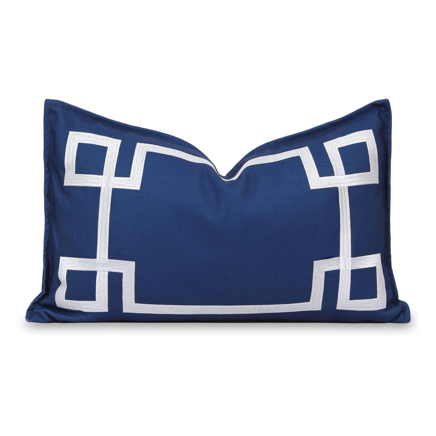 Coastal Indoor Outdoor Lumbar Pillow Cover, Embroidered Frame Greek Key, Navy Blue, 12
