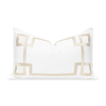 Coastal Indoor Outdoor Lumbar Pillow Cover, Embroidered Frame Greek Key, Neutral Tan, 12