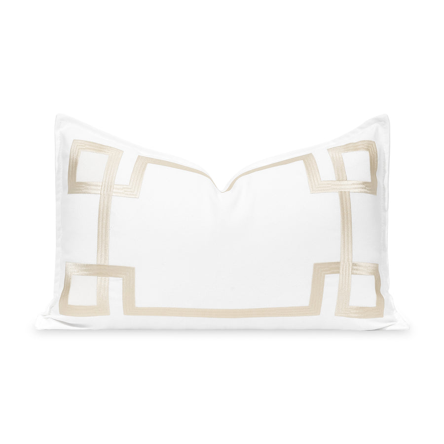 Coastal Indoor Outdoor Lumbar Pillow Cover, Embroidered Frame Greek Key, Neutral Tan, 12