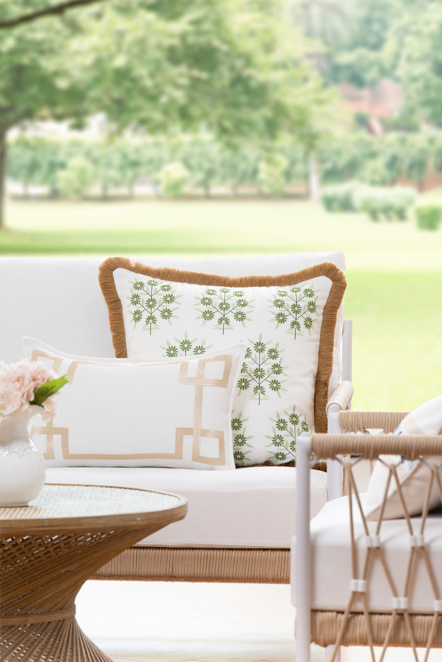 Coastal Indoor Outdoor Lumbar Pillow Cover, Embroidered Frame Greek Key, Neutral Tan, 12