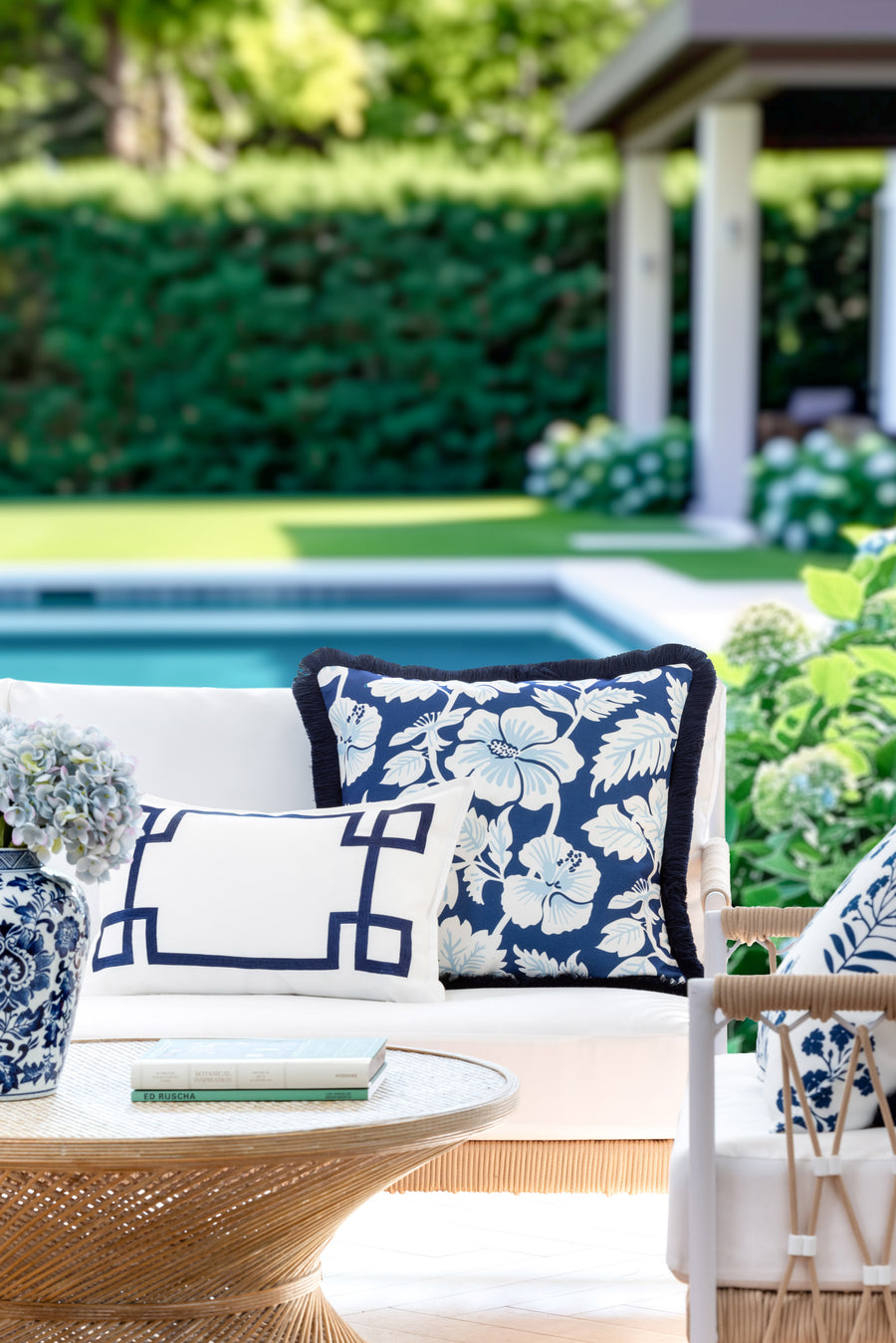 Coastal Indoor Outdoor Lumbar Pillow Cover Only, Frame Greek Key, Navy Blue, 12