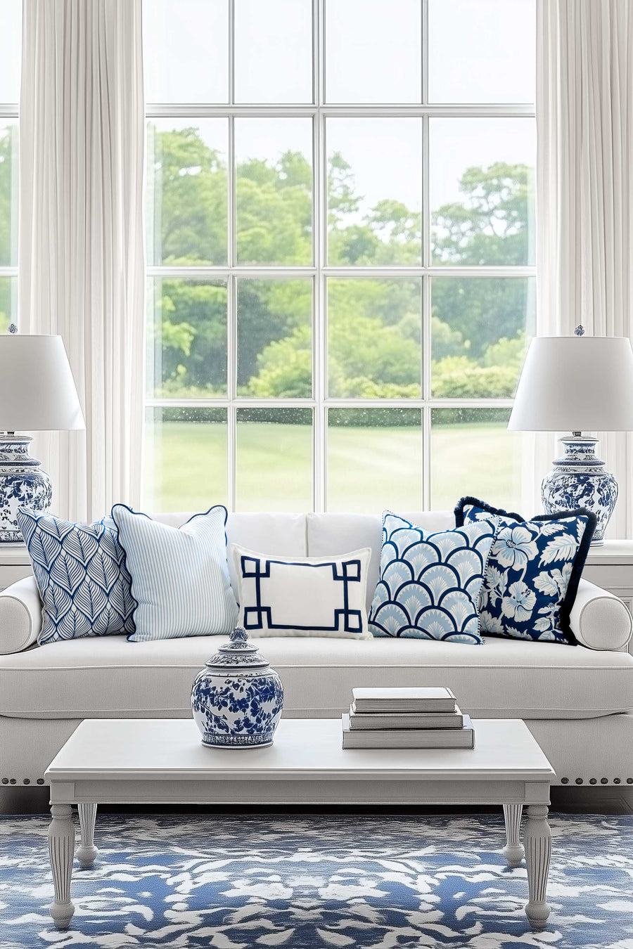 Coastal Indoor Outdoor Lumbar Pillow Cover Only, Frame Greek Key, Navy Blue, 12