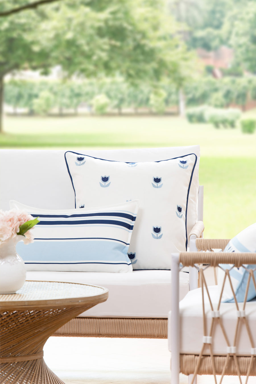 Coastal Indoor Outdoor Lumbar Pillow Cover, Stripes, Navy Baby Blue, 12