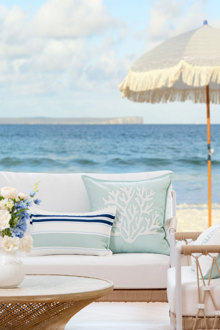 Coastal Indoor Outdoor Lumbar Pillow Cover, Stripes, Navy Blue Aqua, 12