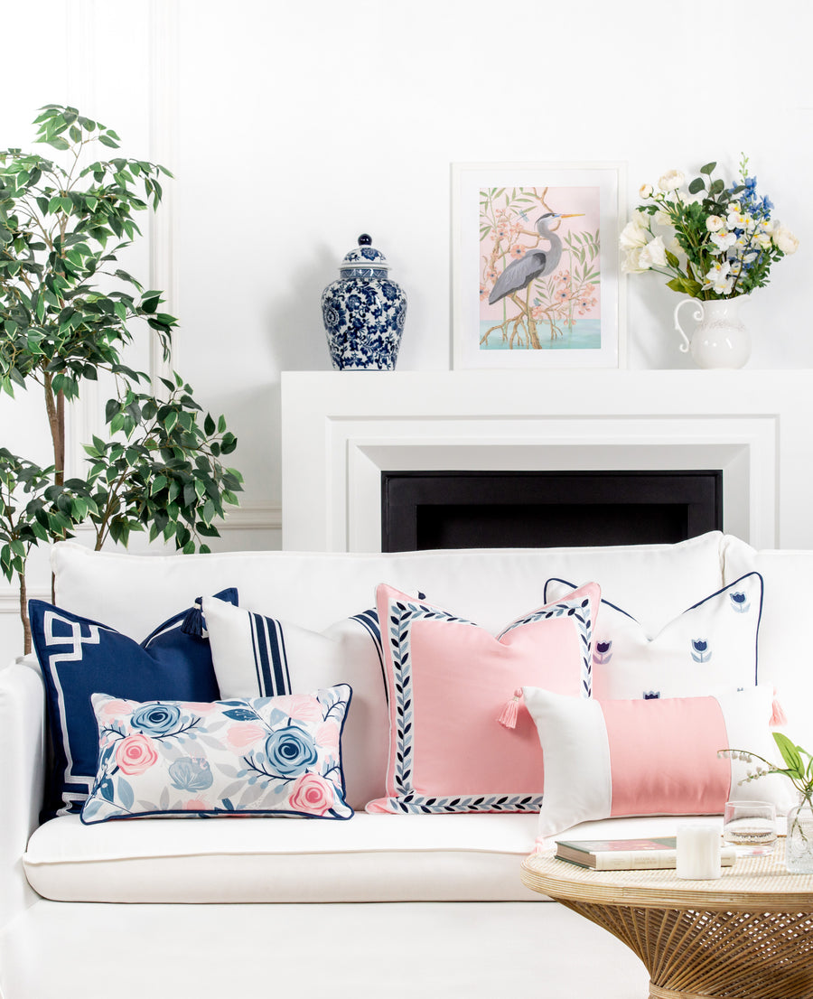 Coastal Indoor Outdoor Throw Pillow Cover, Tulips Floral with Piping, Baby Blue Blush Pink, 18