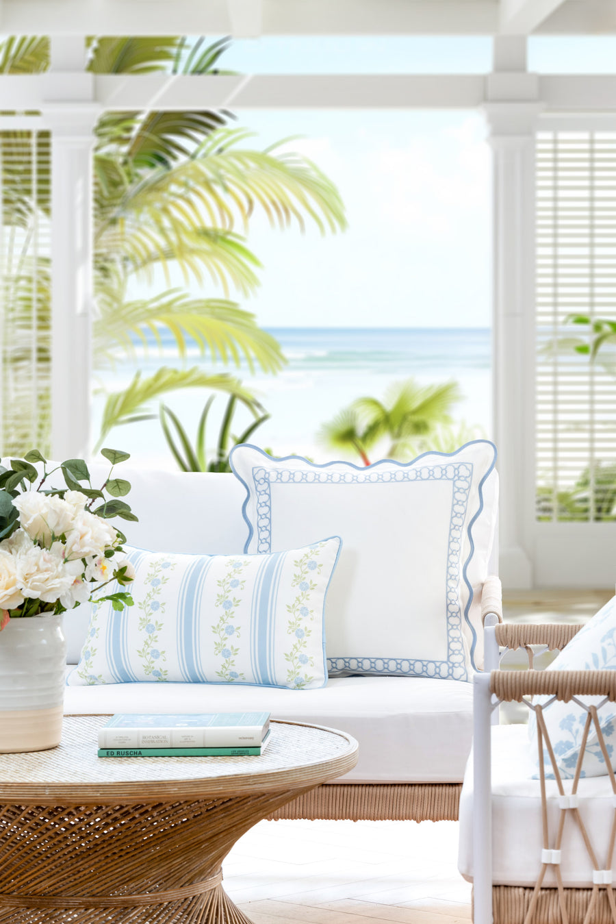Coastal Indoor Outdoor Scalloped Throw Pillow Cover Only, Begonia Pattern Chain Frame, Baby Blue, 20