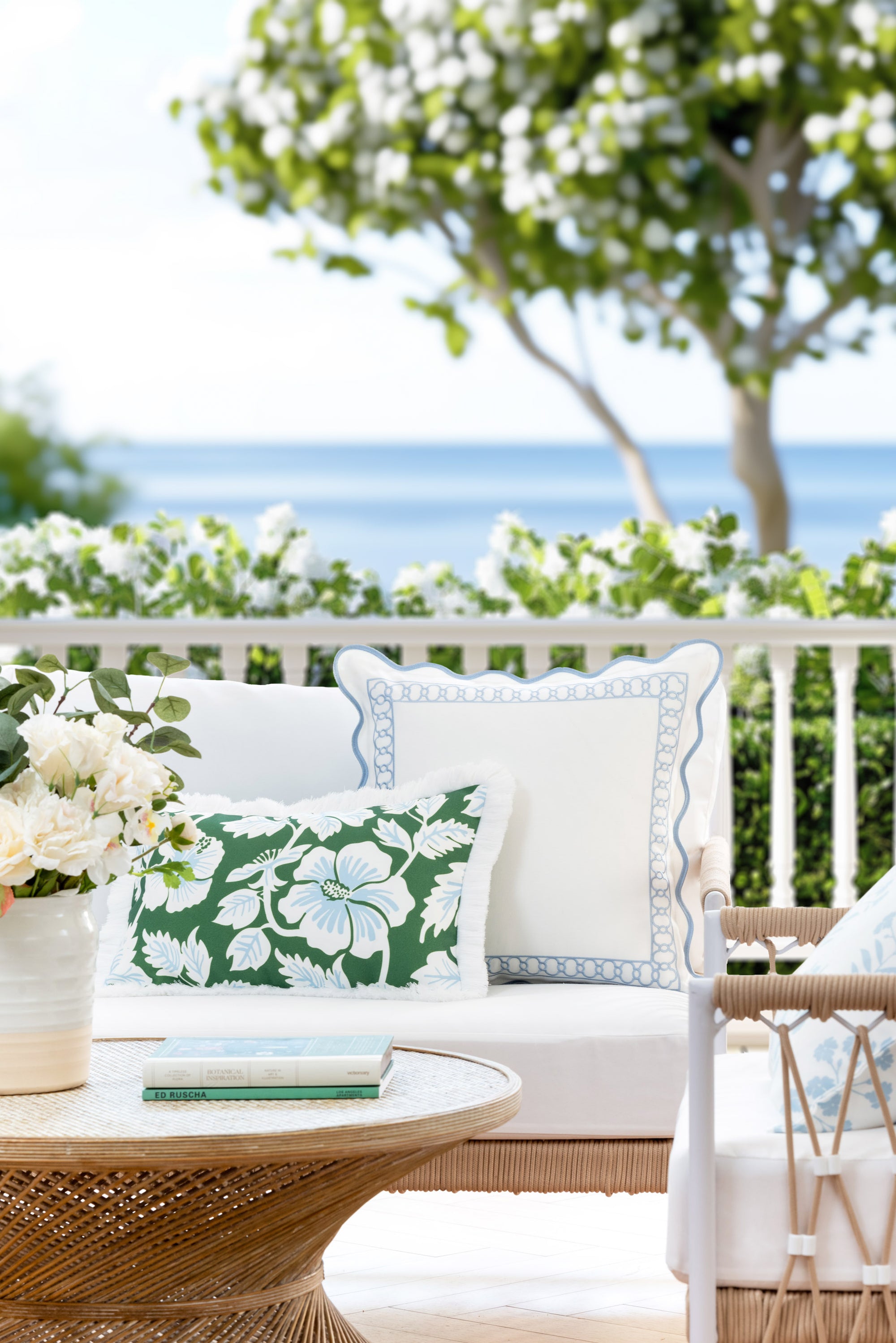 Coastal Indoor Outdoor Scalloped Throw Pillow Cover Only, Begonia Pattern Chain Frame, Baby Blue, 20&quot;x20&quot;