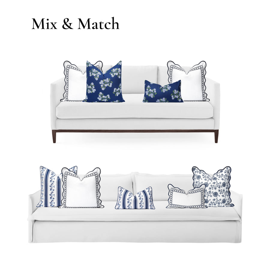 Coastal Indoor Outdoor Scalloped Throw Pillow Cover Only, Begonia Pattern Chain Frame, Navy Blue, 20