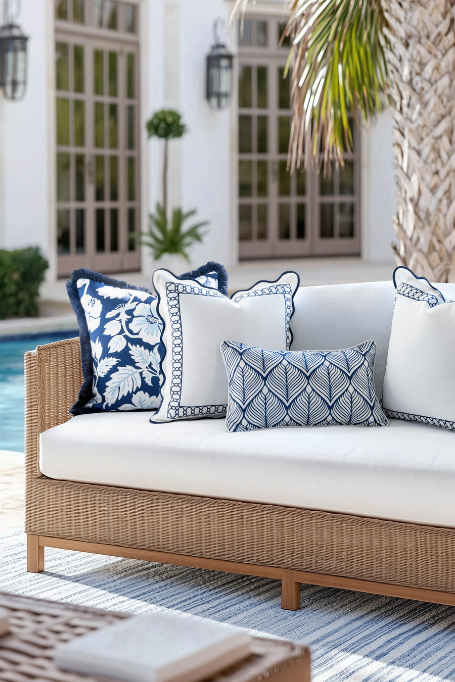 Coastal Indoor Outdoor Scalloped Throw Pillow Cover Only, Begonia Pattern Chain Frame, Navy Blue, 20