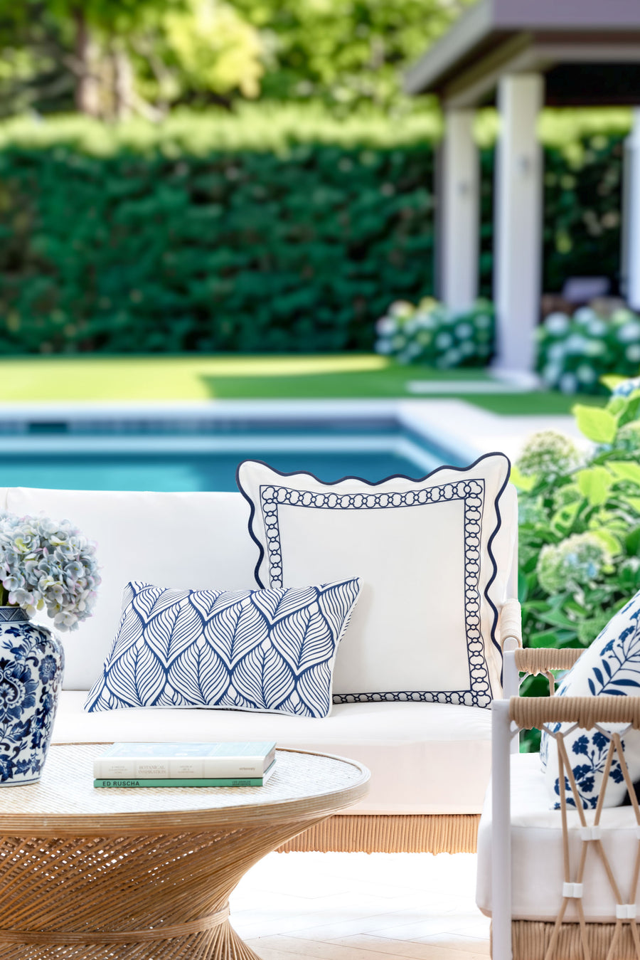 Coastal Indoor Outdoor Scalloped Throw Pillow Cover Only, Begonia Pattern Chain Frame, Navy Blue, 20