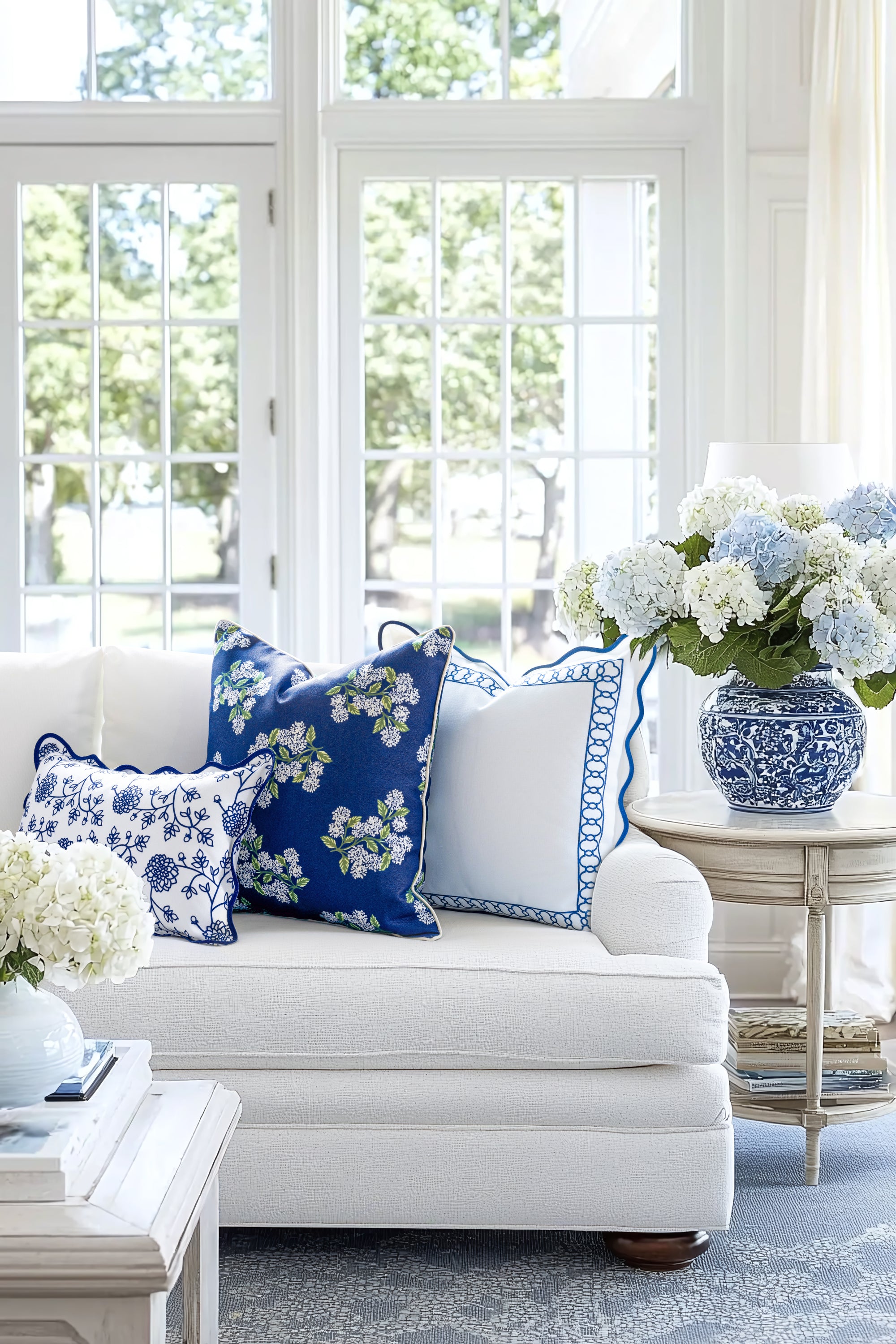Coastal Indoor Outdoor Scalloped Throw Pillow Cover Only, Begonia Pattern Chain Frame, Navy Blue, 20&quot;x20&quot;