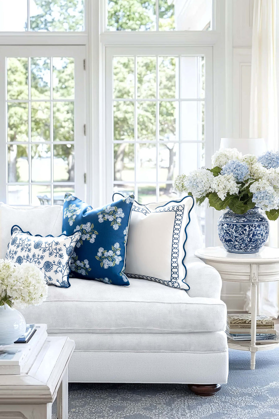 Coastal Indoor Outdoor Scalloped Throw Pillow Cover Only, Begonia Pattern Chain Frame, Navy Blue, 20
