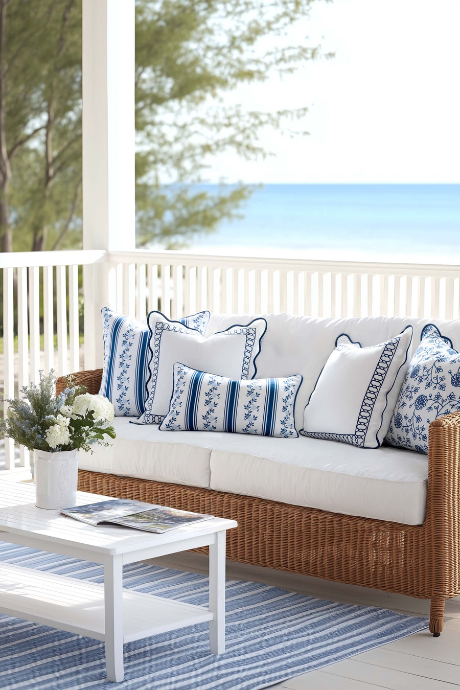 Coastal Indoor Outdoor Scalloped Throw Pillow Cover Only, Begonia Pattern Chain Frame, Navy Blue, 20