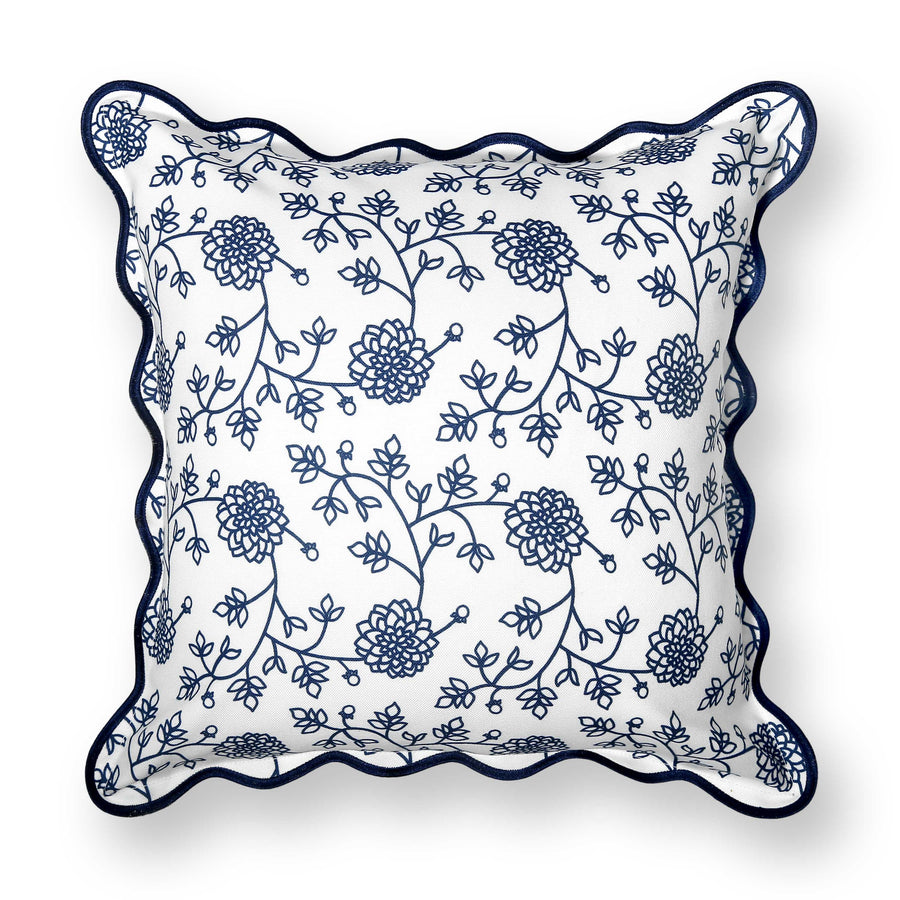 Coastal Indoor Outdoor Scalloped Throw Pillow Cover Only, Dahlia Floral, Navy Blue, 20