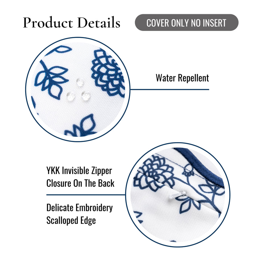 Coastal Indoor Outdoor Scalloped Throw Pillow Cover Only, Dahlia Floral, Navy Blue, 20