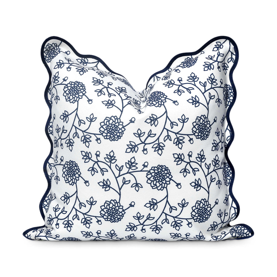 Coastal Indoor Outdoor Scalloped Throw Pillow Cover Only, Dahlia Floral, Navy Blue, 20