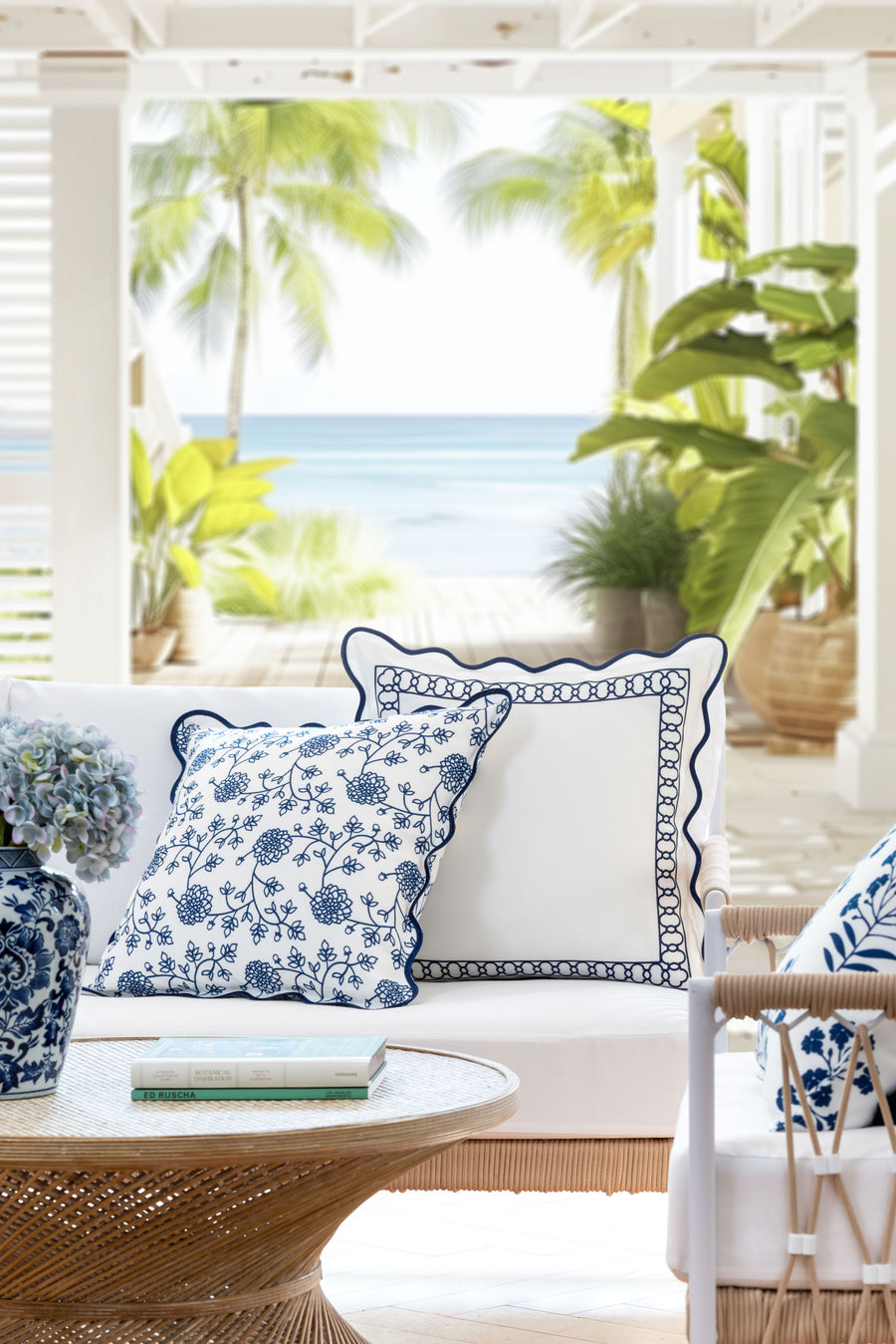 Coastal Indoor Outdoor Scalloped Throw Pillow Cover Only, Dahlia Floral, Navy Blue, 20