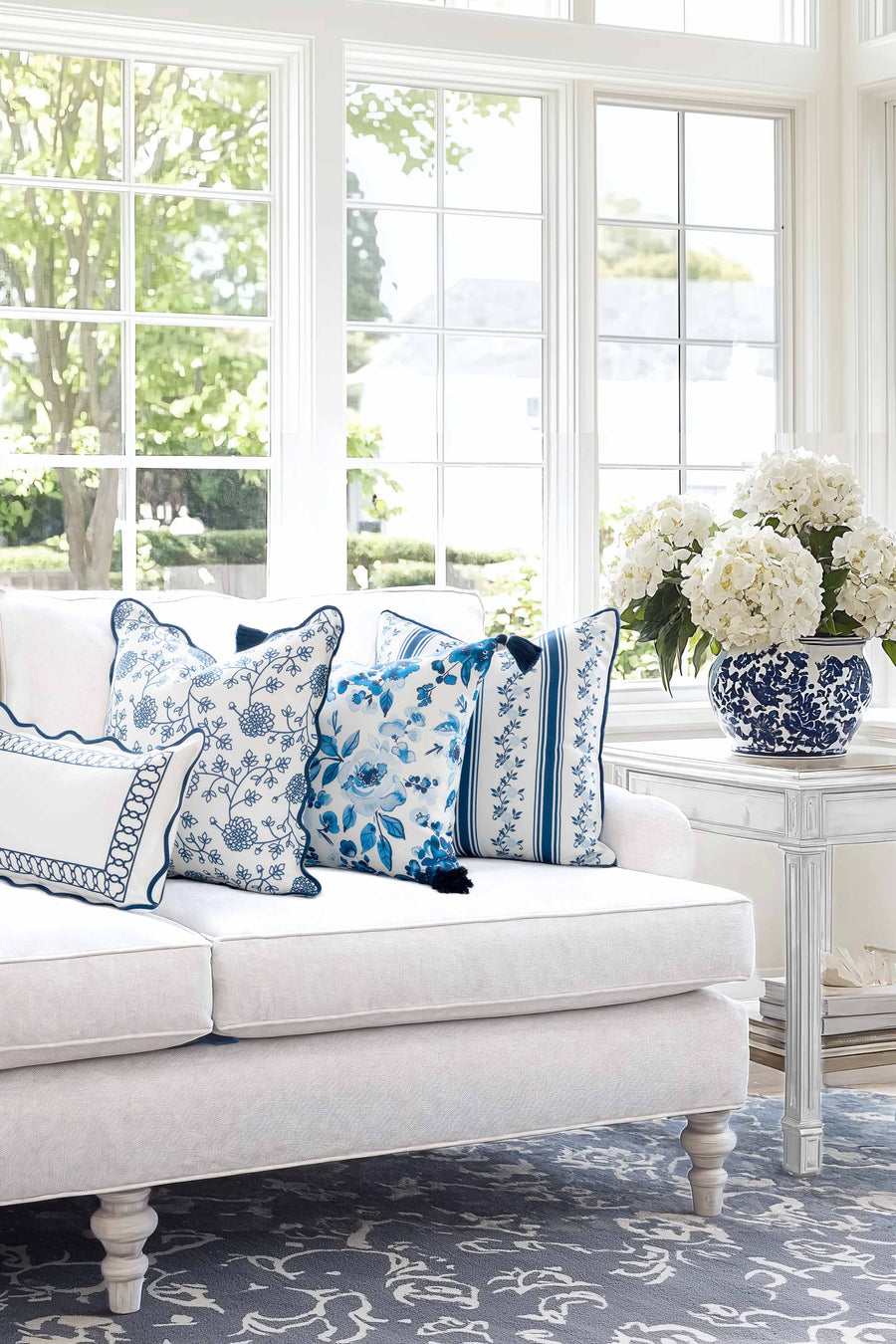 Coastal Indoor Outdoor Scalloped Throw Pillow Cover Only, Dahlia Floral, Navy Blue, 20